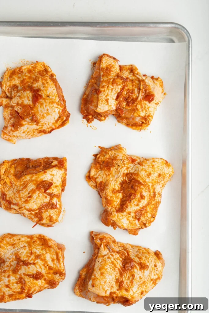 Fast & Flavorful Harissa Roasted Chicken Thighs 6 Raw harissa-marinated chicken thighs arranged neatly on a baking pan, ready to be roasted to perfection.