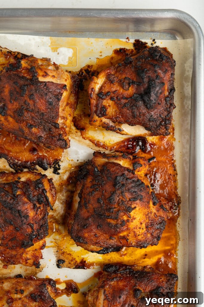 Fast & Flavorful Harissa Roasted Chicken Thighs 7 Perfectly roasted harissa chicken thighs, golden-brown and glistening, served fresh off the pan with vibrant garnishes.