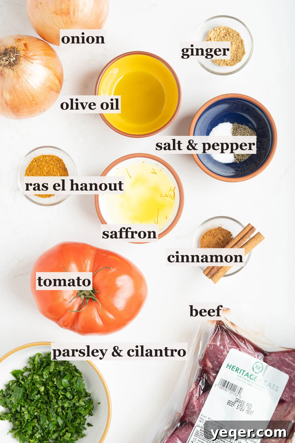 Rich Moroccan Beef Tagine with Tomatoes and Onions 3 bowls of seasonings, herbs, and more