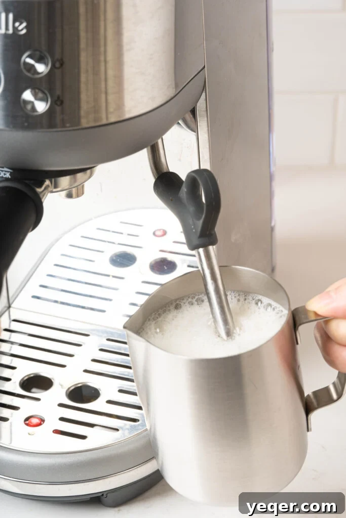 Your 10-Minute Cortado Perfect 1:1 Espresso and Steamed Milk 6 A metal milk frothing pitcher containing whole milk being expertly steamed with a steam wand, creating fine microfoam.