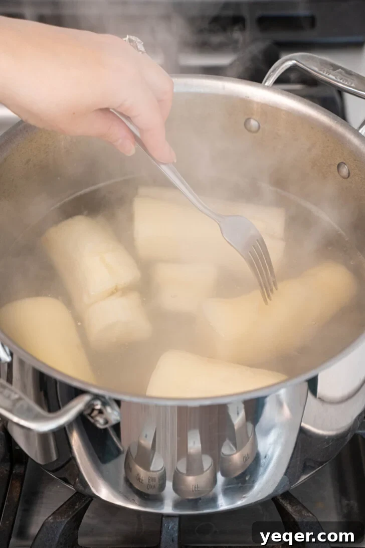 Crispy Baked Cassava Fries Three Simple Ingredients 5 Step 2: Boiling yuca chunks in a pot