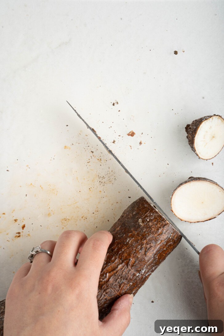 Crispy Baked Cassava Fries Three Simple Ingredients 9 Cutting yuca root into manageable sections before peeling