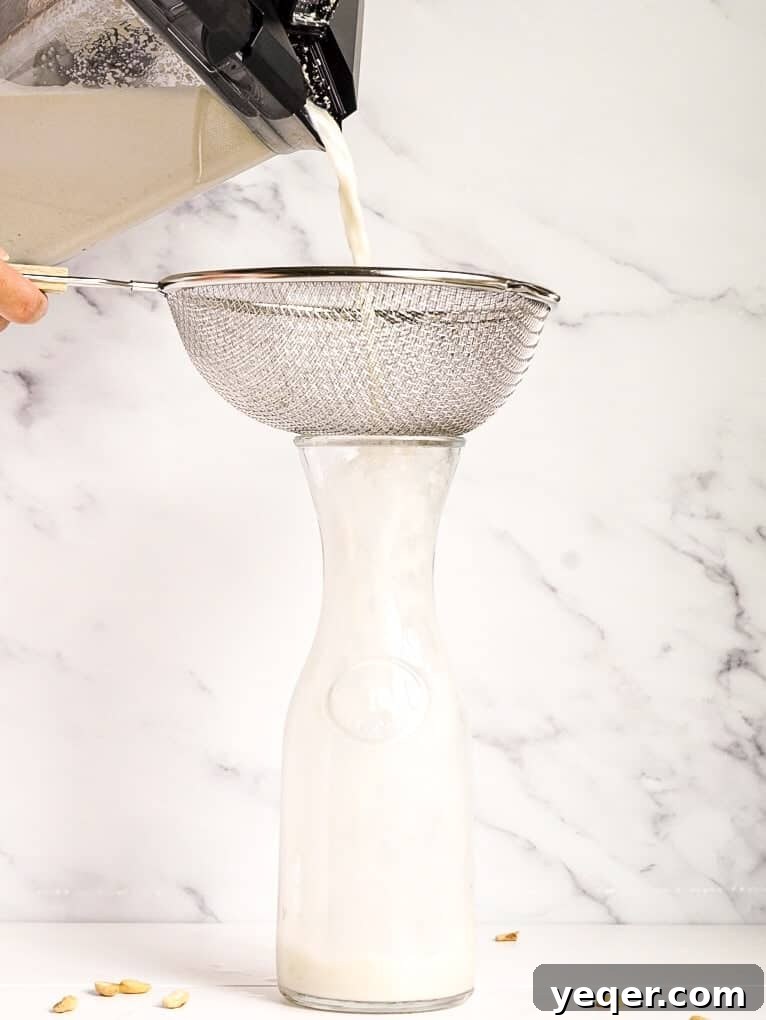 Effortless Homemade Nut Milk 6 Nut milk being poured through a strainer lined with cheesecloth into a glass jar.