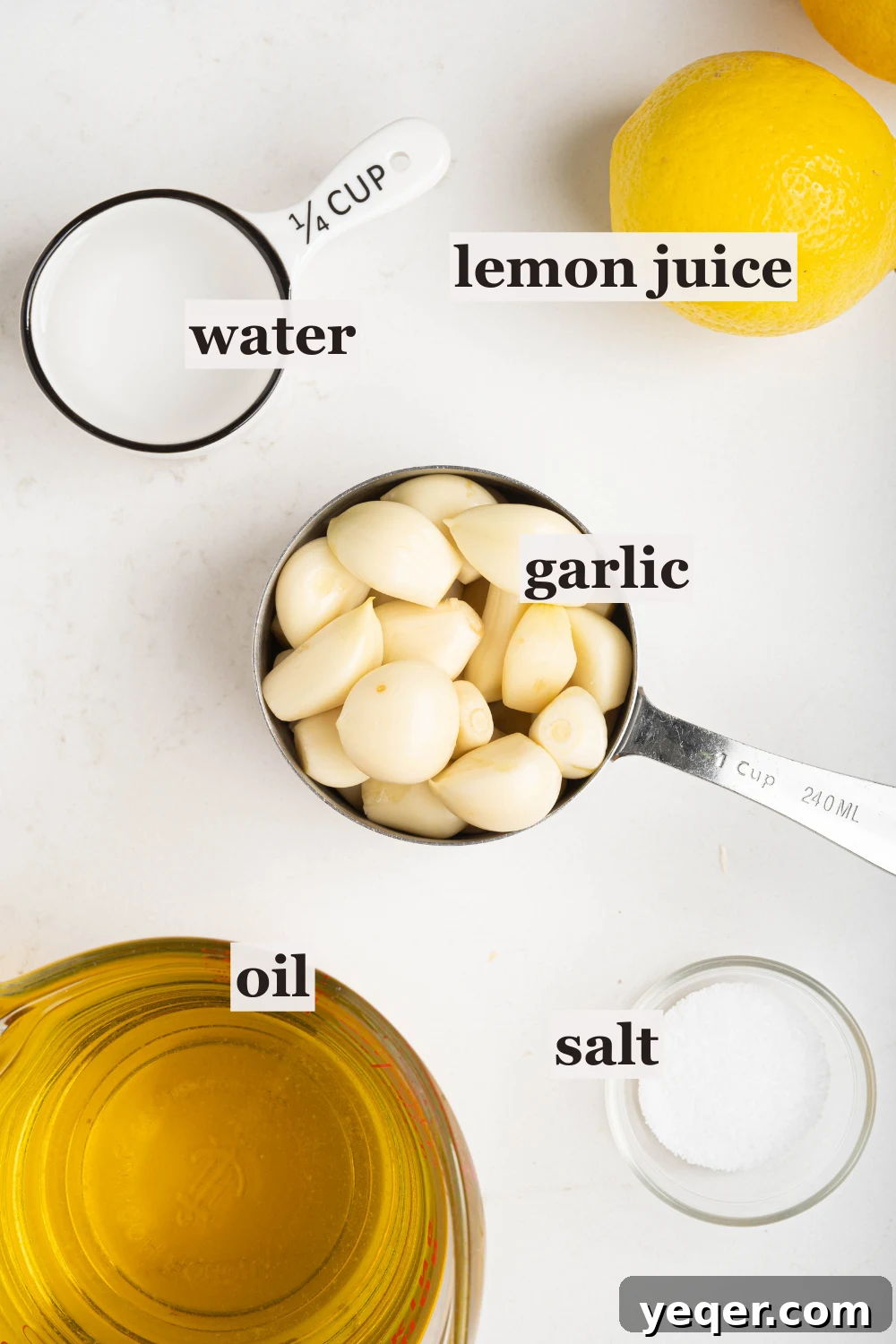 Fluffy 5-Ingredient Garlic Toum 3 bowls of garlic, water, oil, and more