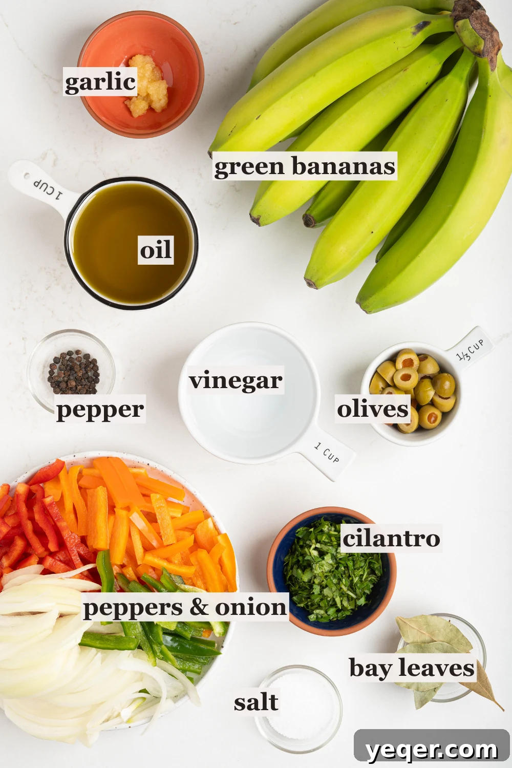 Green Banana Escabeche 4 bowls of vinegar, oil, olives, and more