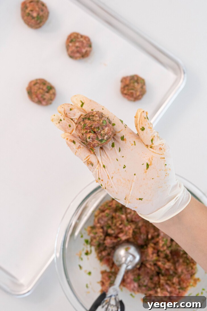 Moroccan Spiced Baked Lamb Meatballs 7 A gloved hand holding a raw lamb meatball.