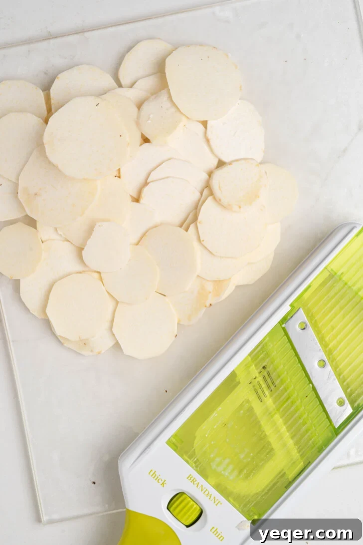 Crispy Taro Chips 30 Minutes Oven and Air Fryer 5 Thinly sliced taro chips arranged neatly on a cutting board, showcasing uniform thickness.