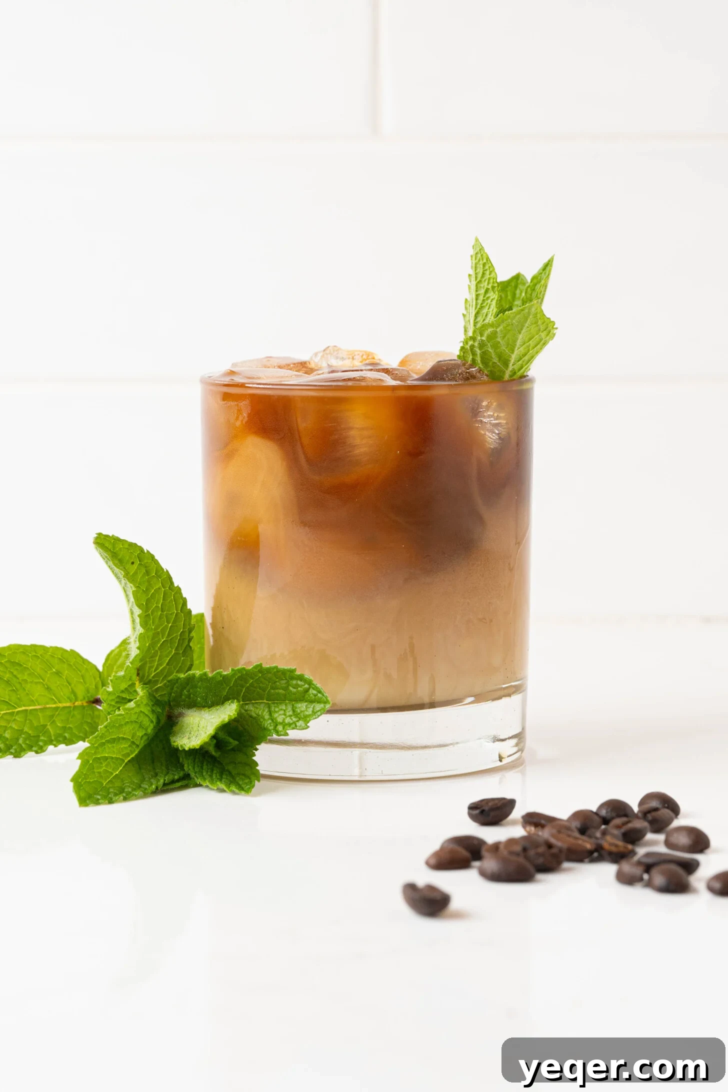 Easy Philz Style 5 Ingredient Coffee Mint Mojito 2 A vibrant Philz Coffee Mint Mojito copycat in a tall glass, garnished with fresh mint.