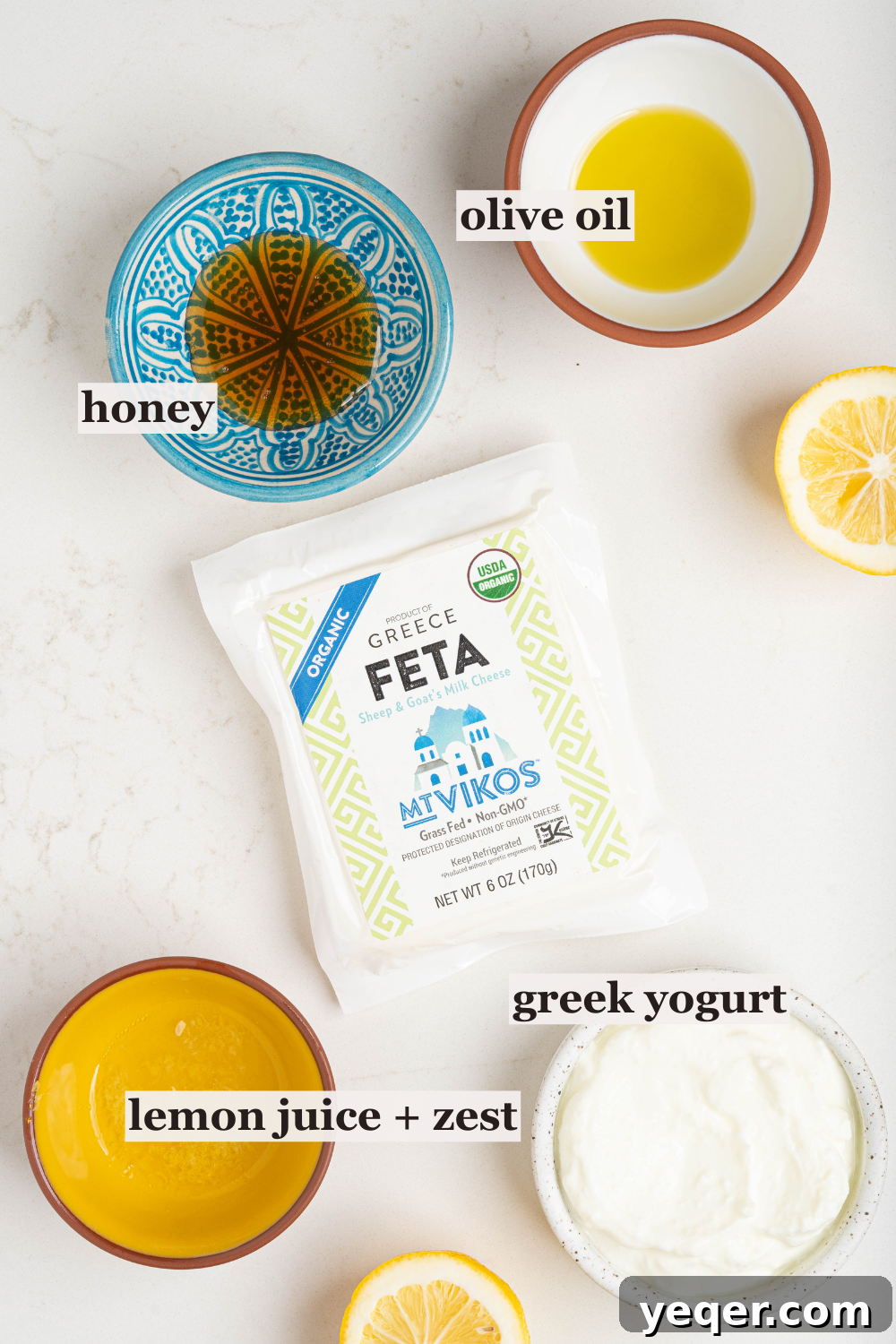 Pillowy 5-Minute Whipped Feta Dip 3 Bowls of honey, oil, and more.