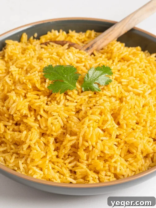 A beautiful bowl of fluffy Arroz Amarillo, garnished with fresh herbs, enticingly ready to serve.