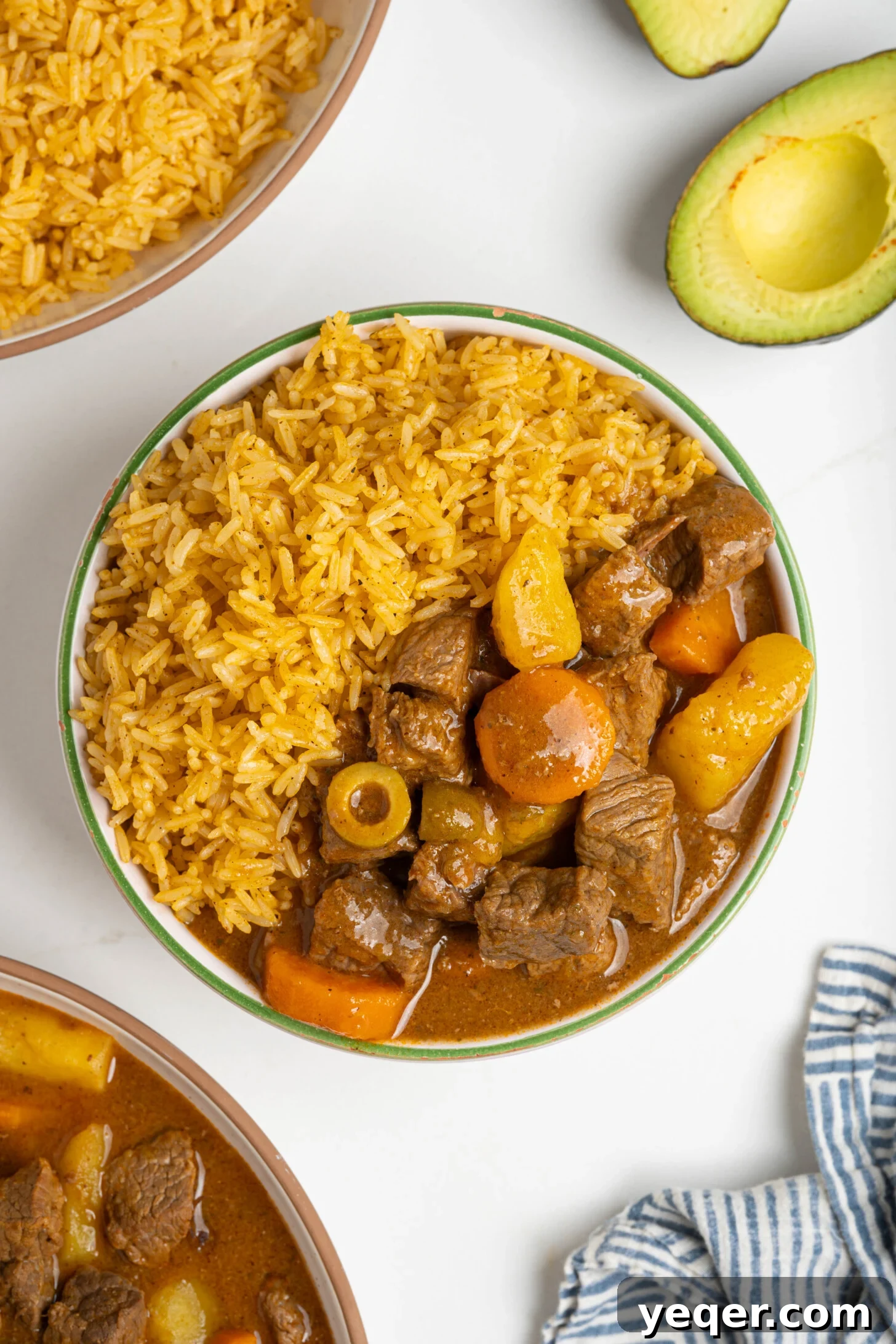 Carne Guisada The Ultimate Beef Stew 3 A bowl of Puerto Rican beef stew with rice.
