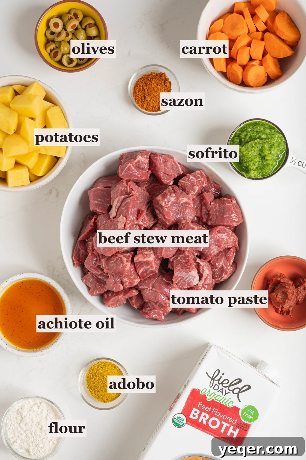 Carne Guisada The Ultimate Beef Stew 4 Bowls of stew meat, carrots, oil, and more.
