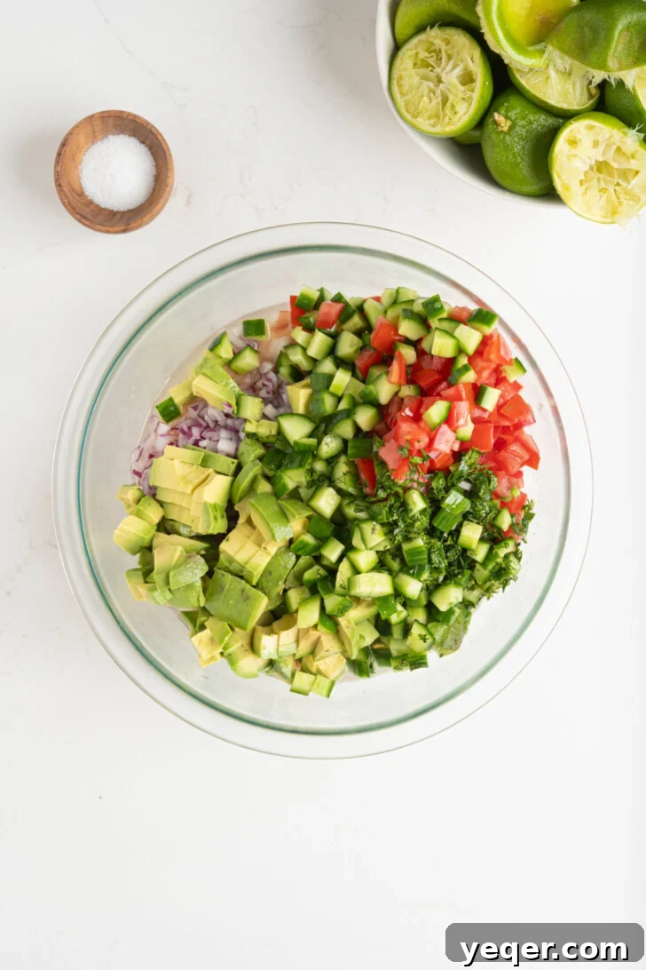 Fresh and Zesty Shrimp Ceviche 8 Ingredients for shrimp ceviche in a bowl.