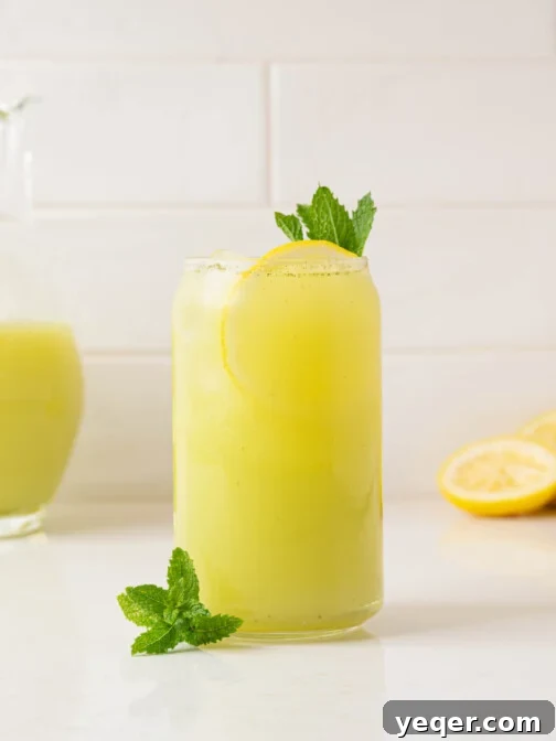 A glass of mint lemonade, garnished with fresh mint and a lemon slice.