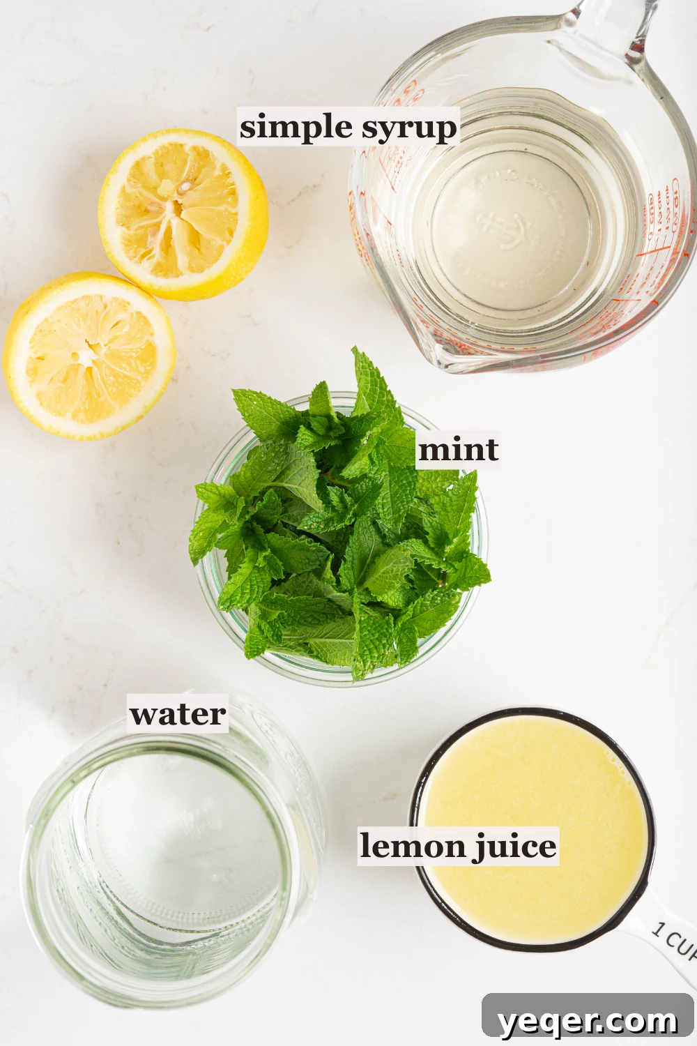 Mediterranean Breeze Mint Lemonade 3 Bowls of lemon juice, water, and more ingredients for mint lemonade.