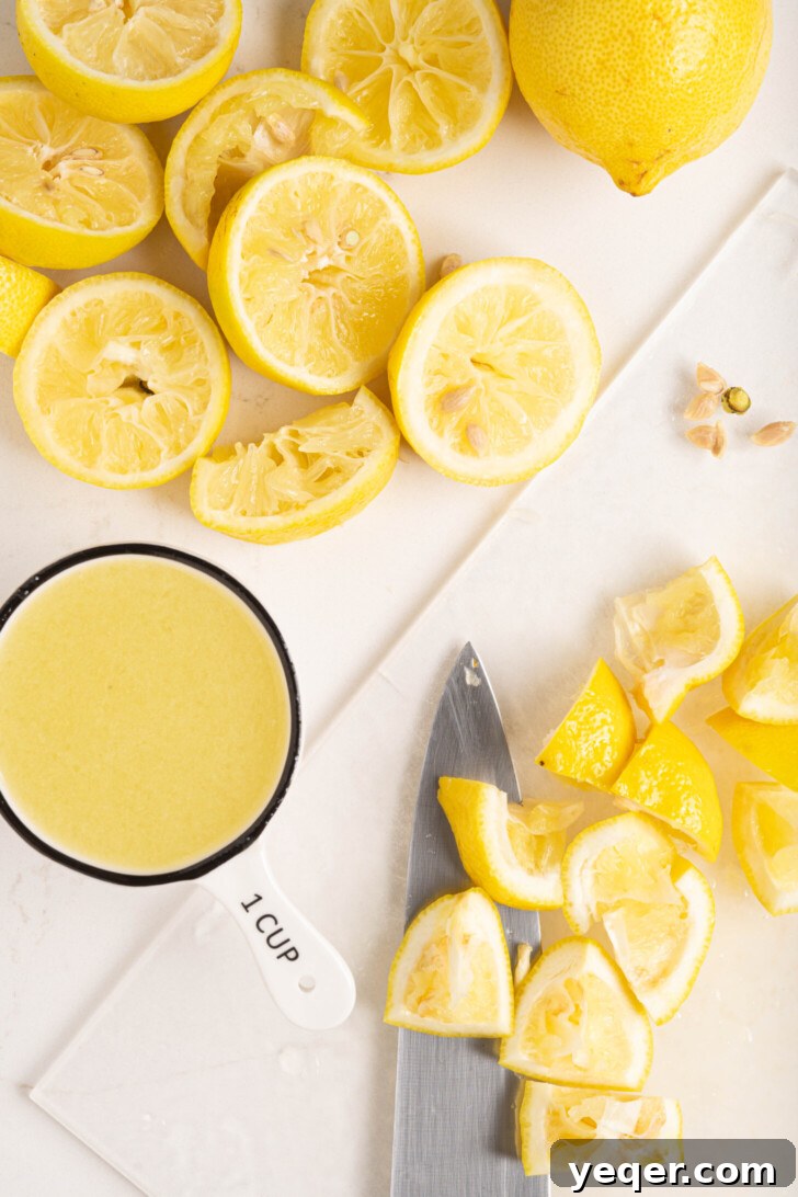 Mediterranean Breeze Mint Lemonade 5 Juiced and sliced lemons on a cutting board, with a saved lemon rind.