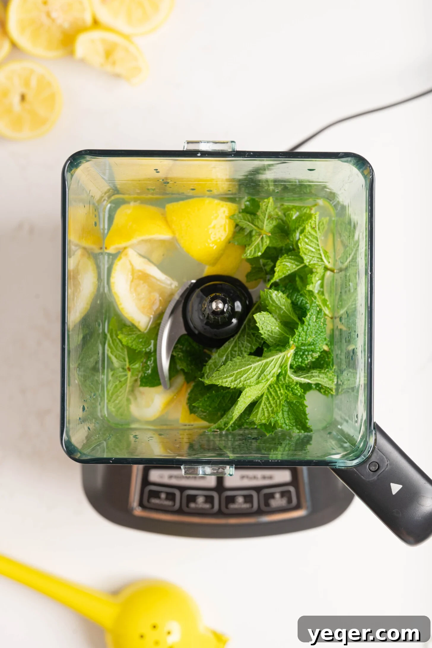 Mediterranean Breeze Mint Lemonade 8 Mint lemonade ingredients beautifully arranged in a blender, before blending.
