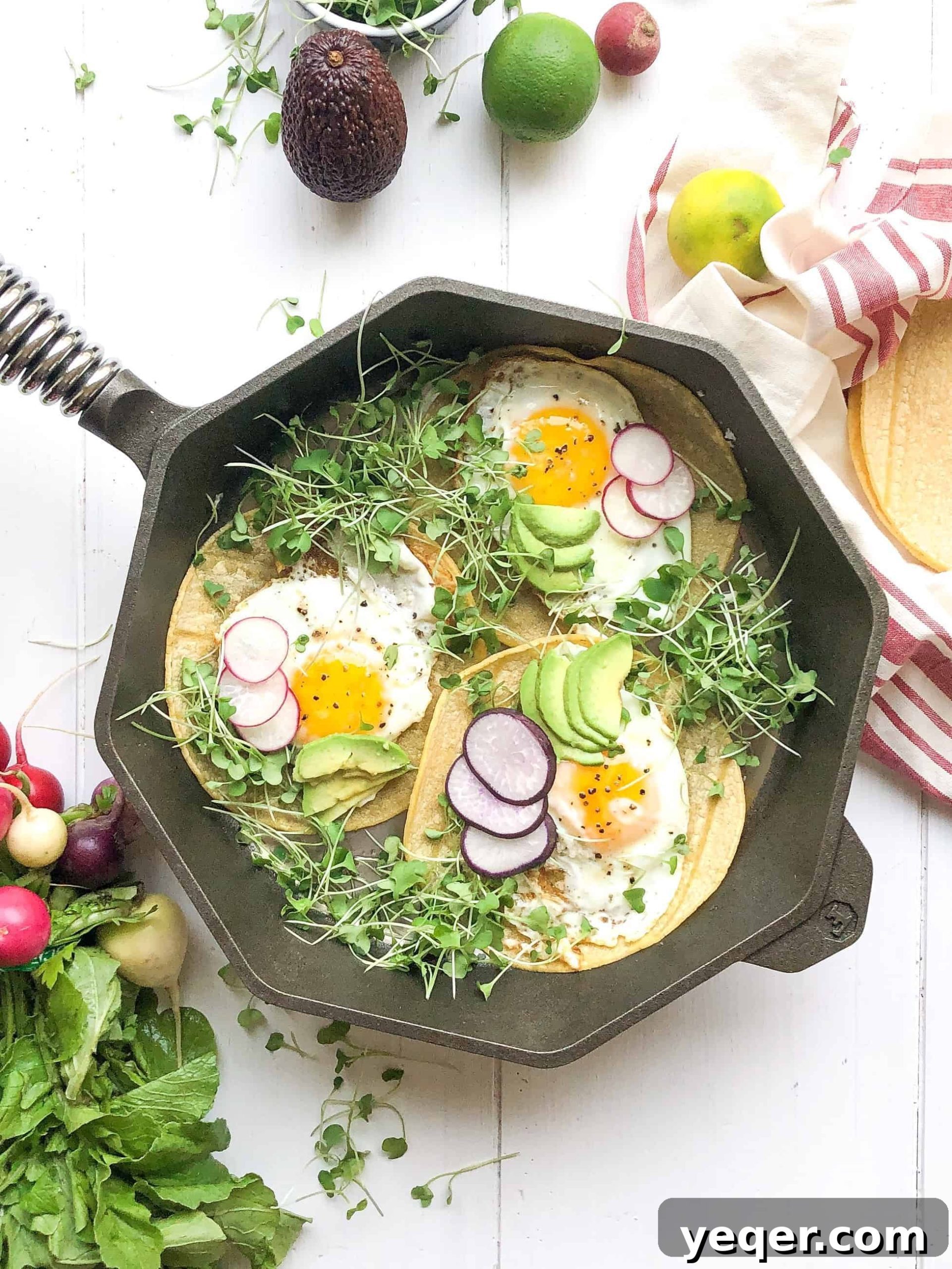Sunrise Veggie Tacos 3 A trio of vibrant vegetarian breakfast tacos presented beautifully in a rustic Finex pan.