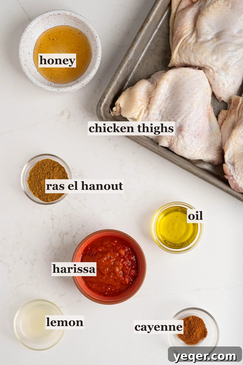 Spicy Sweet Harissa Honey Chicken 3 Bowls of harissa, honey, spices, and more.