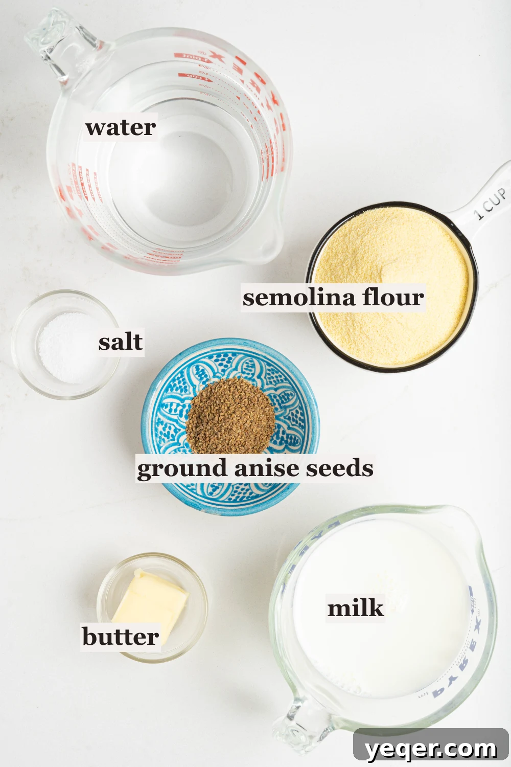 Baba's Moroccan Semolina Cold Remedy 3 Ingredients for Moroccan Semolina Soup meticulously laid out, including bowls of water, fine semolina flour, fragrant ground anise seeds, and fresh milk.