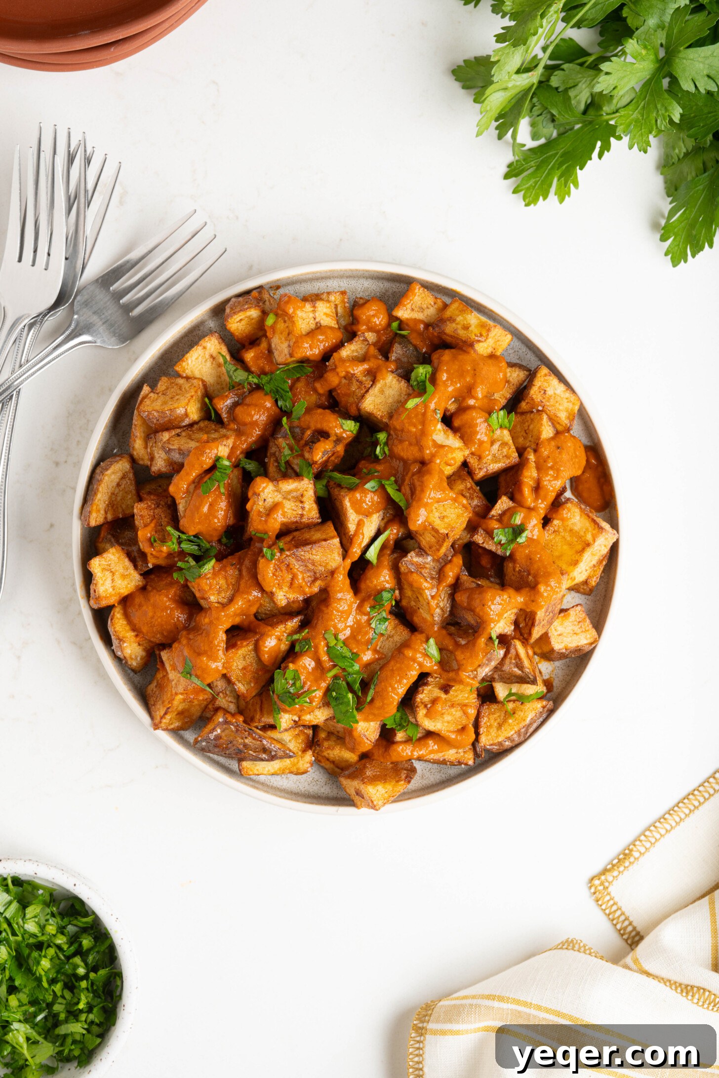 Fiery Spanish Patatas Bravas 11 A freshly prepared plate of Patatas Bravas, showcasing the vibrant salsa brava.