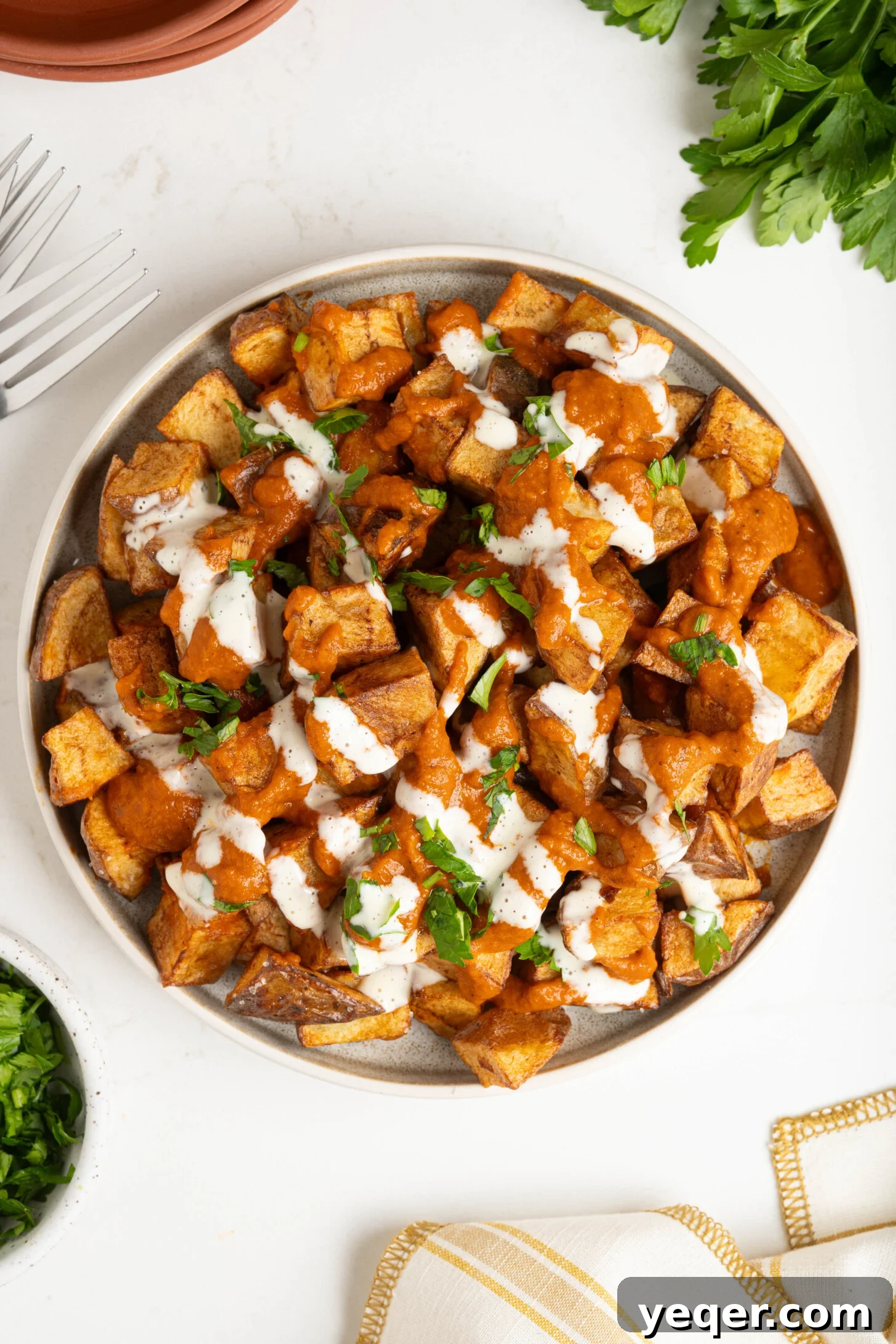 Fiery Spanish Patatas Bravas 13 A close-up of a plate of Patatas Bravas, highlighting the crispy potatoes and vibrant sauce.