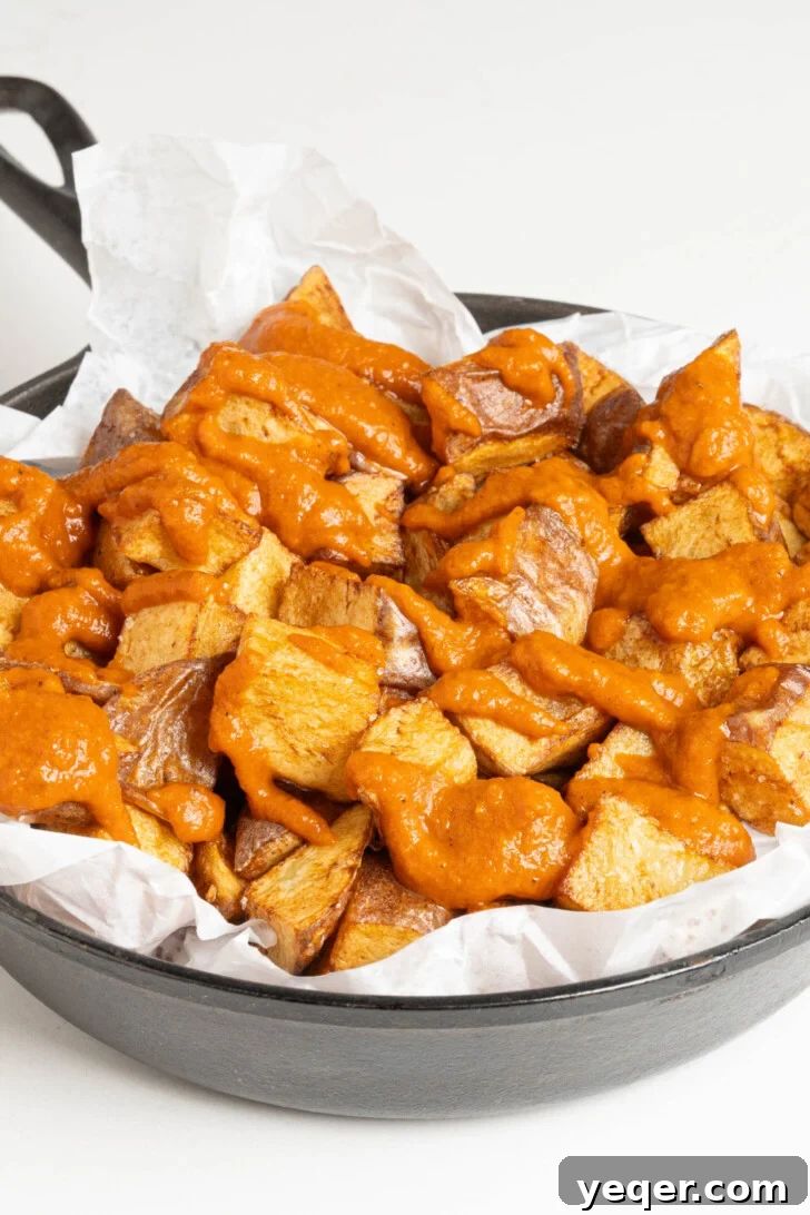 Fiery Spanish Patatas Bravas 9 A freshly assembled plate of patatas bravas, ready to be served.