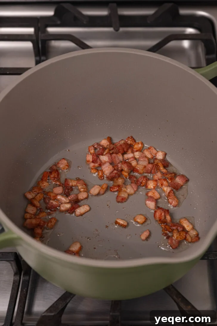 Crispy pancetta in a pot.
