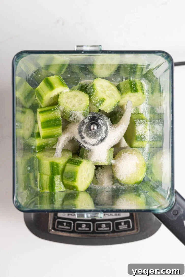 Cool Cucumber Lime Refresher 5 A blender filled with roughly chopped and peeled cucumbers, lime juice, and sugar, partially covered with water.