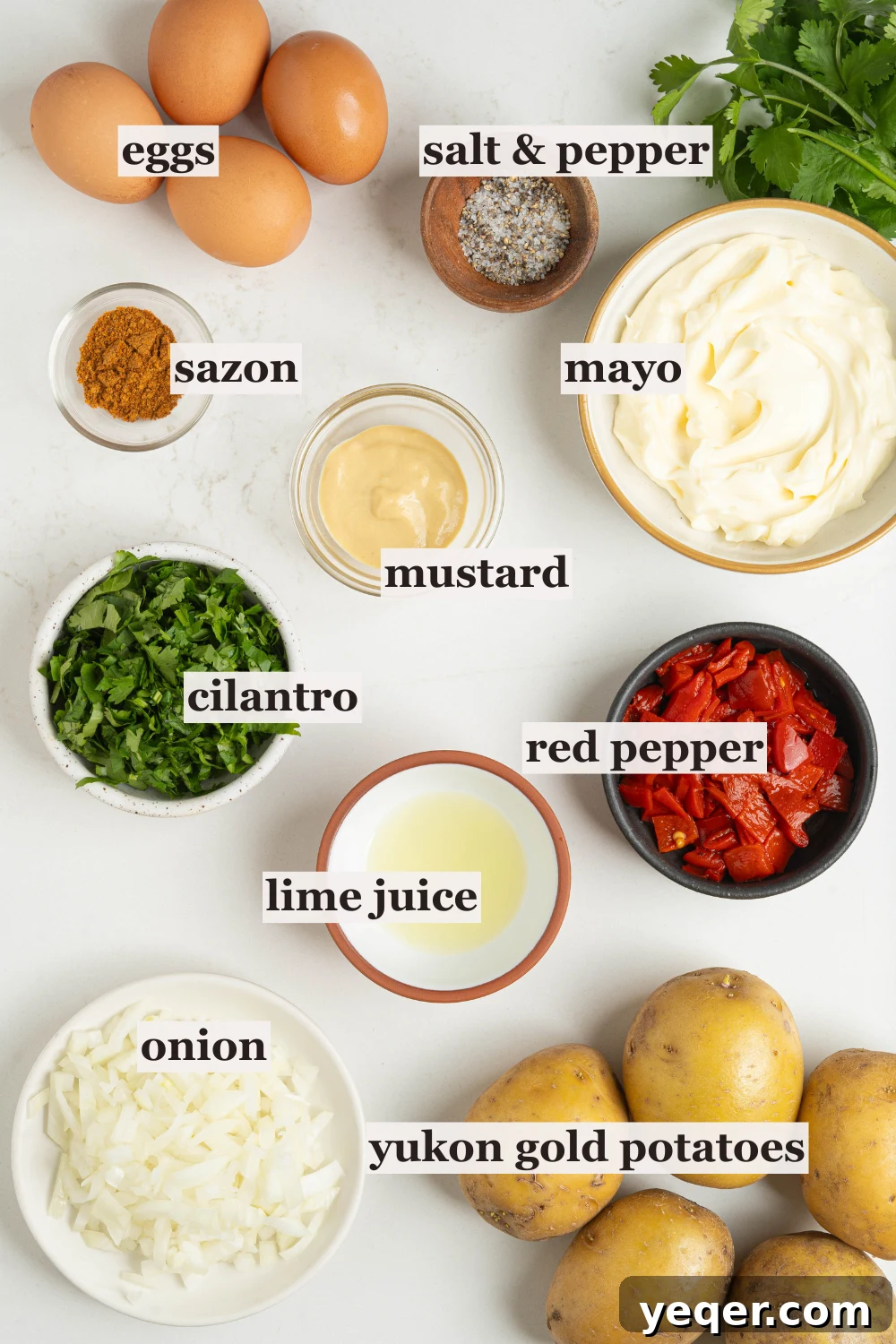 Puerto Rican Potato Salad 4 Individual bowls containing mayonnaise, mustard, minced onion, and red bell pepper, arranged on a rustic wooden surface.