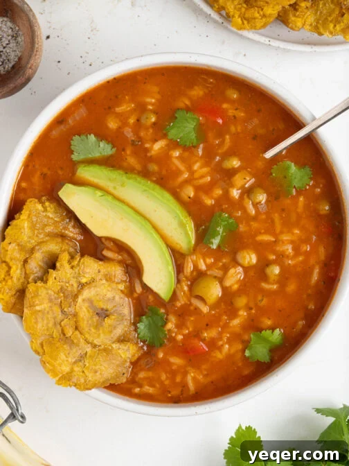 A bowl of Asopao de Gandules, ready to be served.