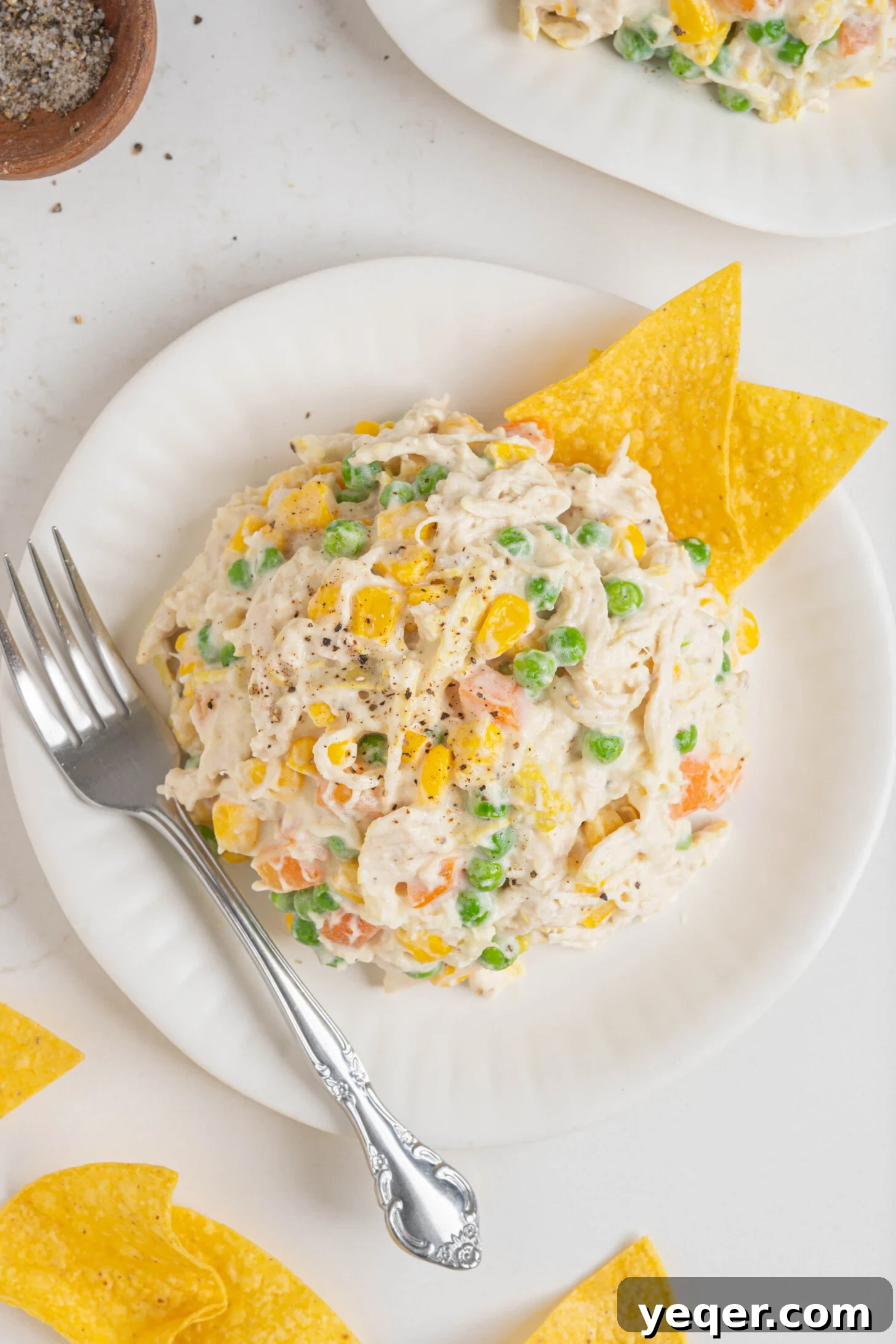 Fiesta Chicken Salad 2 A plate of ensalada de pollo, a vibrant Mexican chicken salad garnished with fresh herbs and a lime wedge.