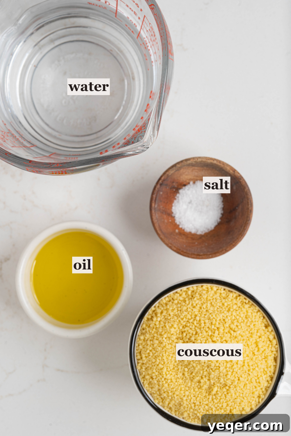 The Secret to Perfectly Fluffy Couscous 6 Bowls of couscous, water, salt, and fat (oil, ghee, or butter) laid out as ingredients for cooking.