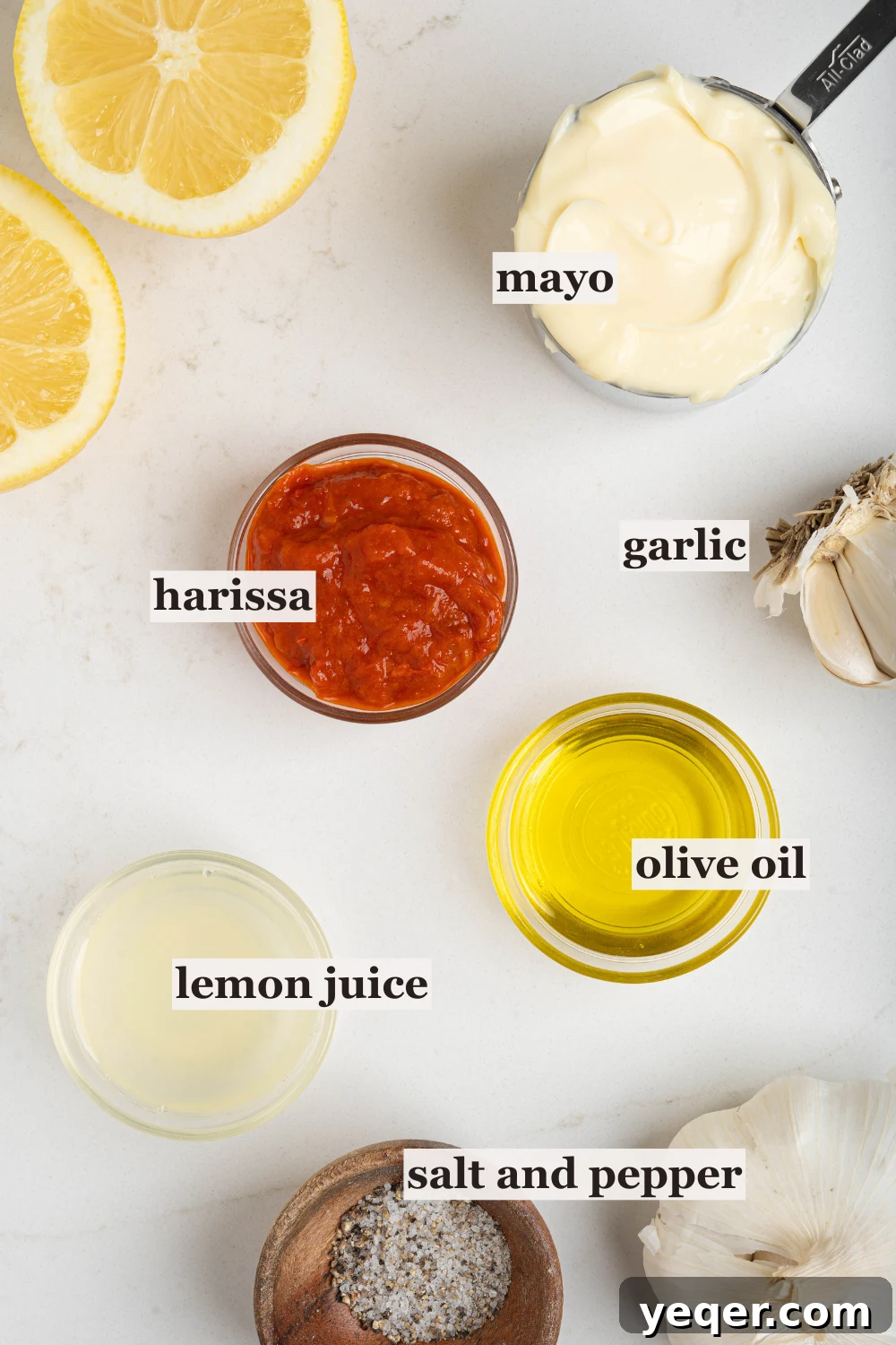 Quick Burst Harissa Garlic Aioli 4 Bowls filled with the key ingredients for harissa aioli: mayonnaise, harissa paste, olive oil, and lemon juice, ready for mixing.
