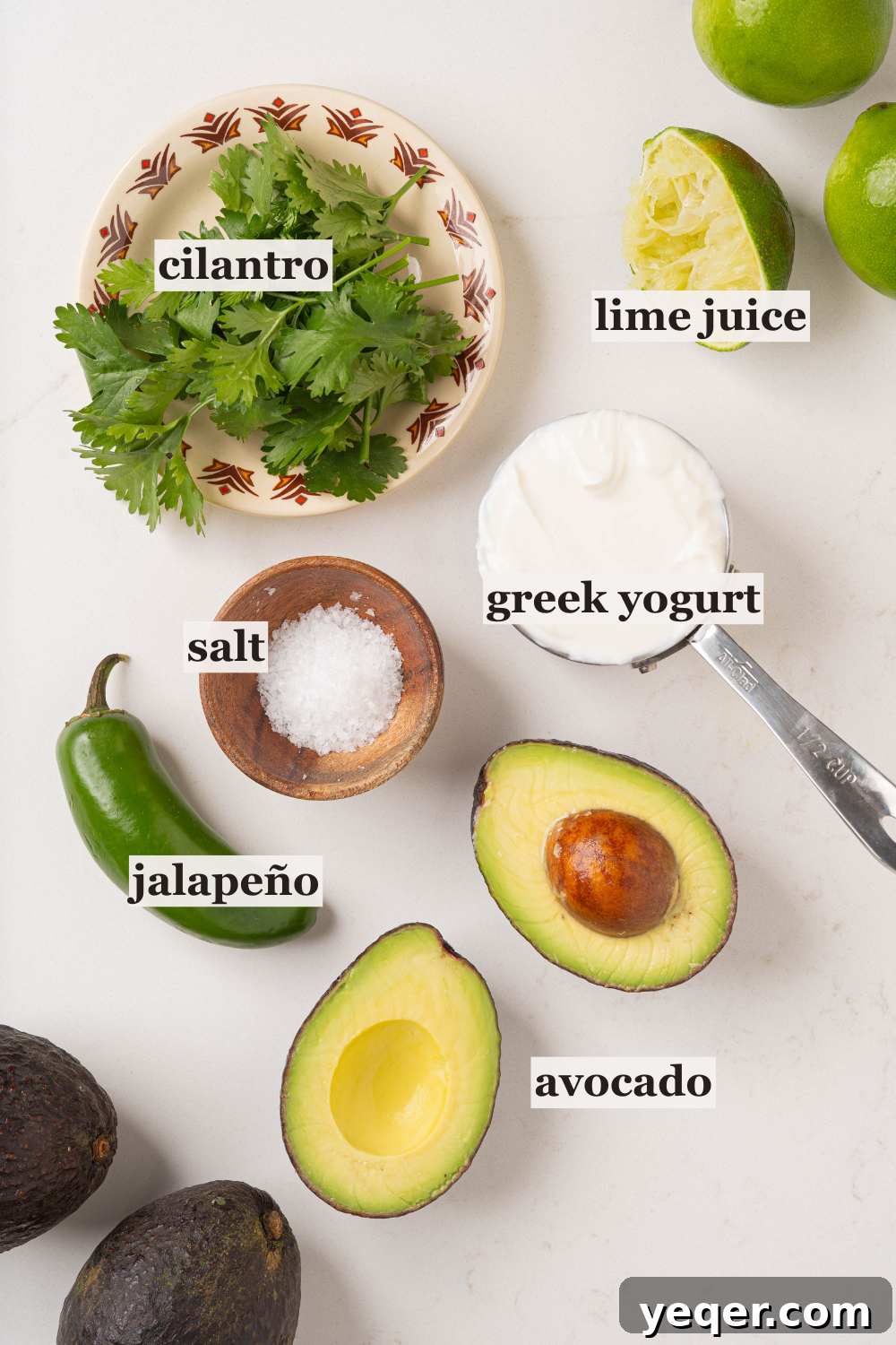 Velvety Greek Yogurt Avocado Dip 4 Bowls of yogurt, cilantro, salt, lime, avocado, and jalapeño, laid out for a recipe.