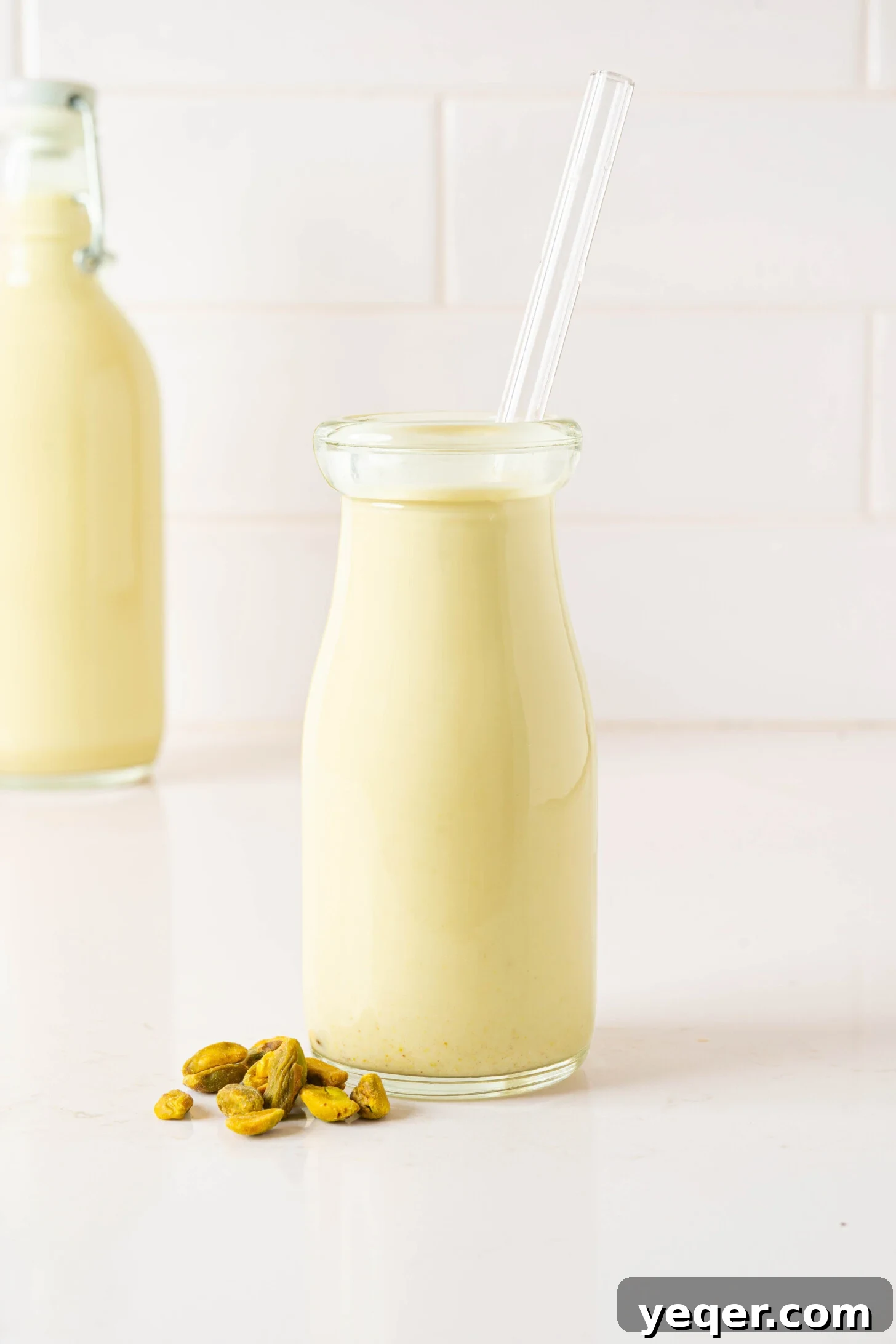 Creamy Pistachio Milk Made in Your Blender 11 Pistachio milk in a bottle.
