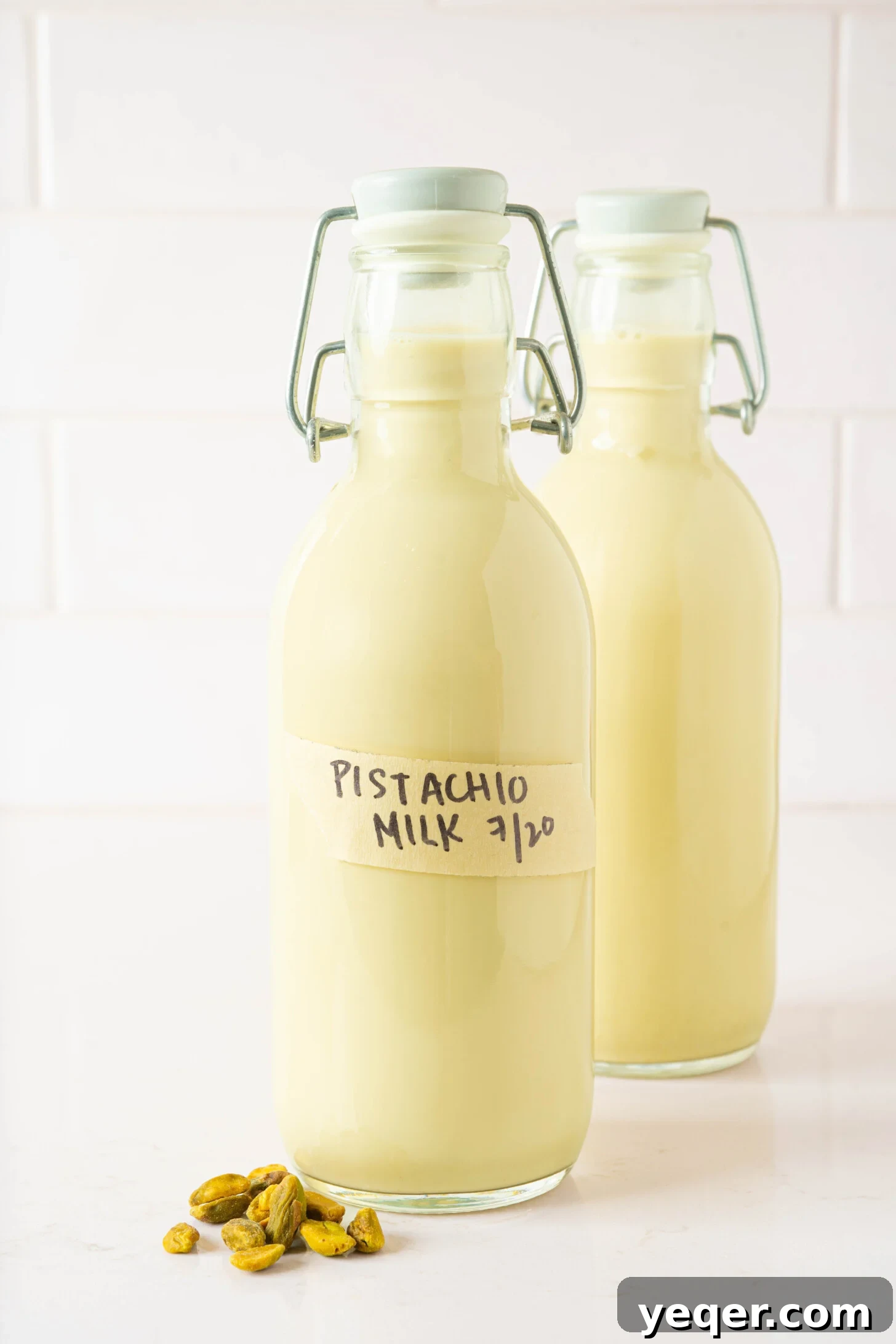 Creamy Pistachio Milk Made in Your Blender 3 Pistachio milk in a bottle.