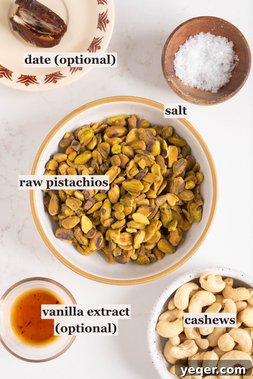 Creamy Pistachio Milk Made in Your Blender 4 Bowls of pistachios, cashews, salt, and more.