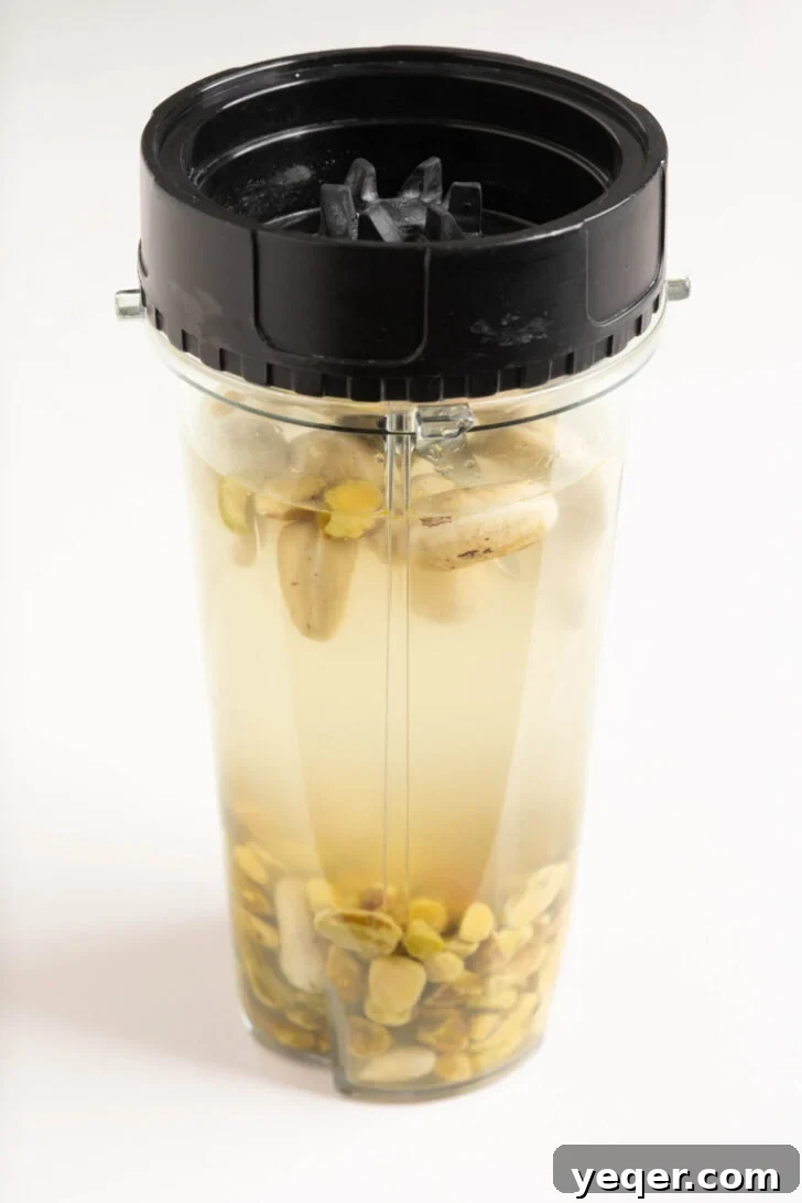 Creamy Pistachio Milk Made in Your Blender 6 Pistachios, cashews and water in a blender.