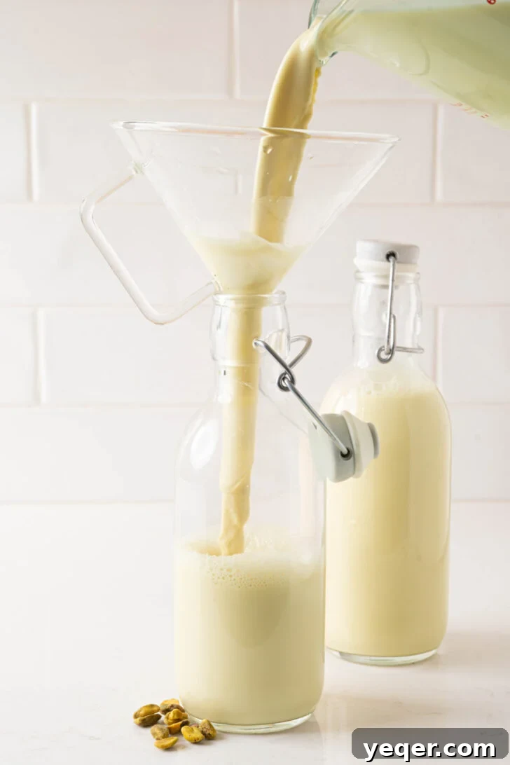 Creamy Pistachio Milk Made in Your Blender 8 Pistachio milk pouring into a bottle.