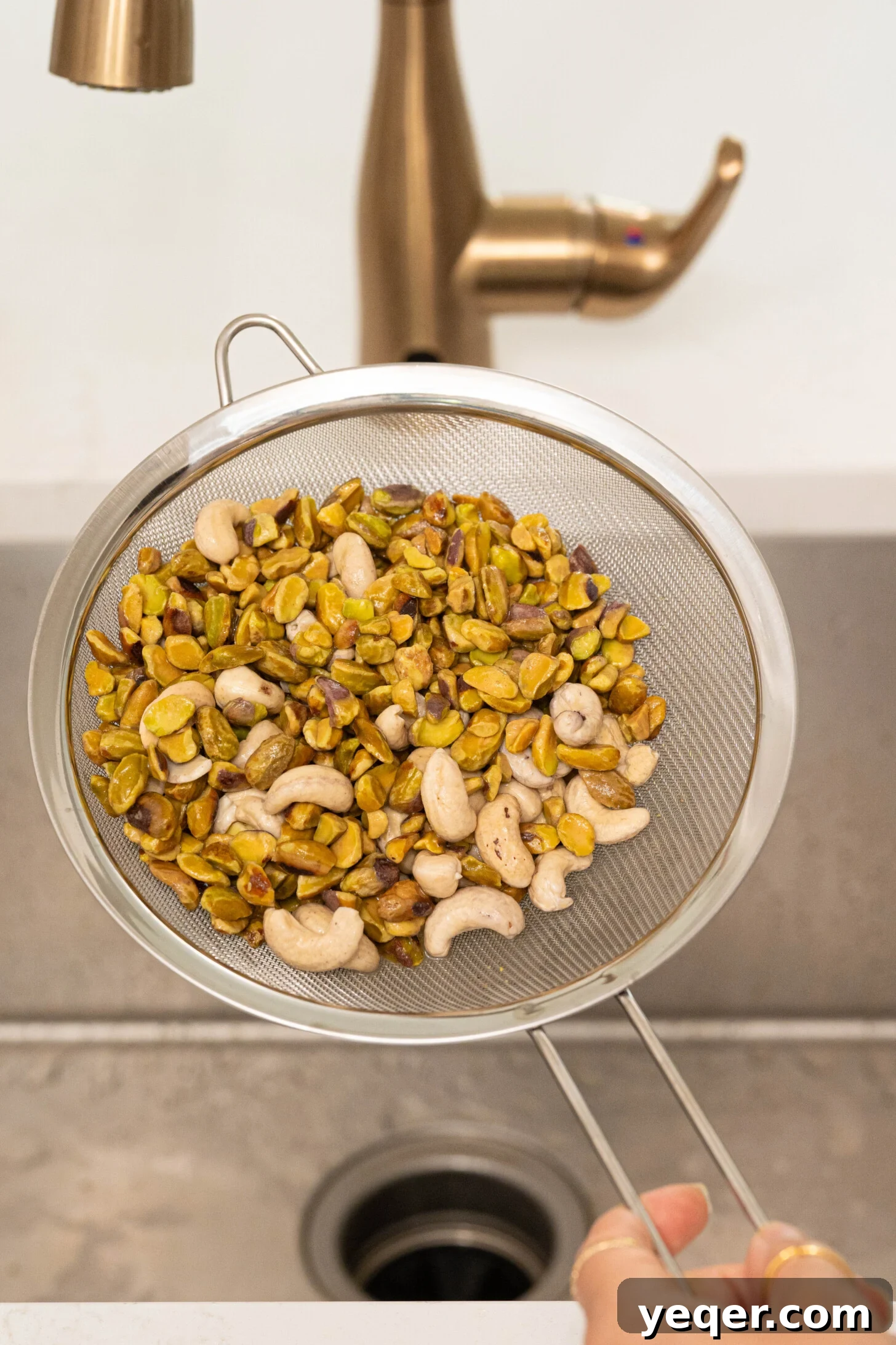 Creamy Pistachio Milk Made in Your Blender 9 Pistachios and cashews in a strainer.