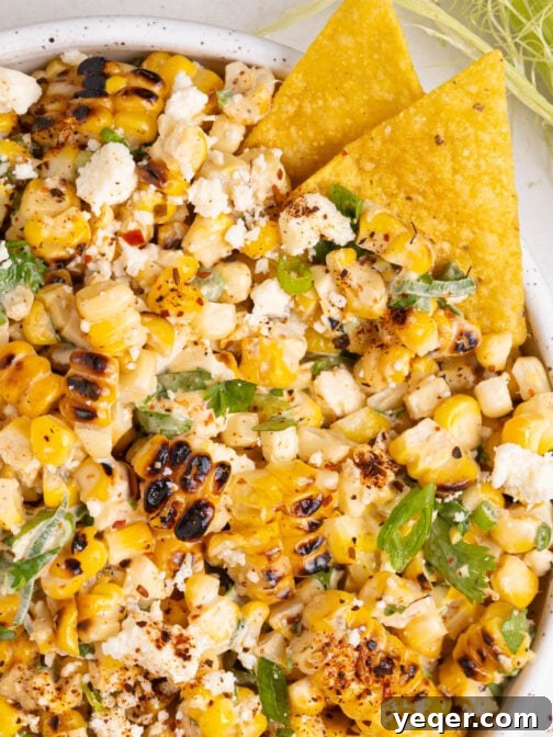 Elote corn dip in a bowl.