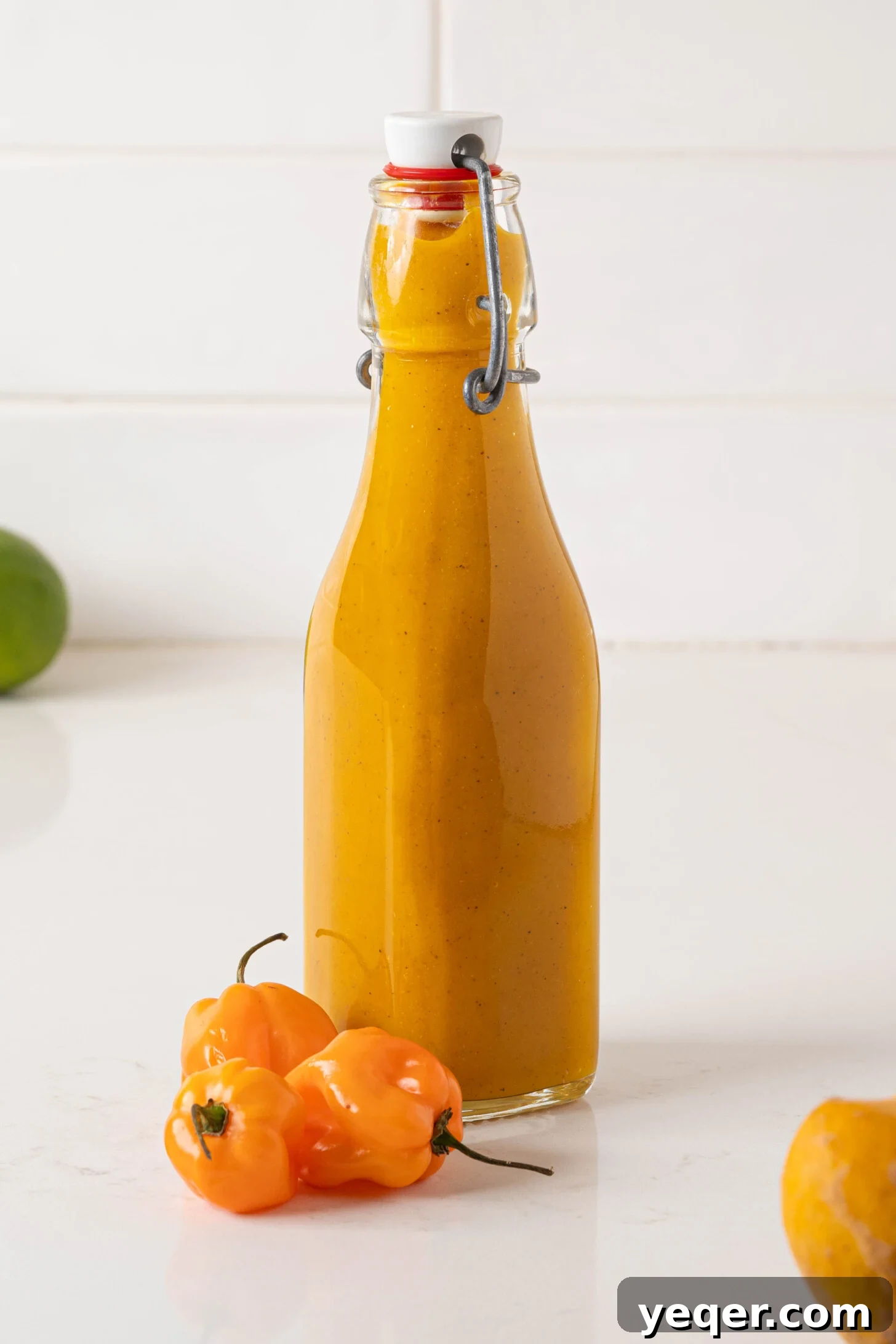 Tropical Fire Mango Habanero Sauce 11 A bottle of mango habanero hot sauce.