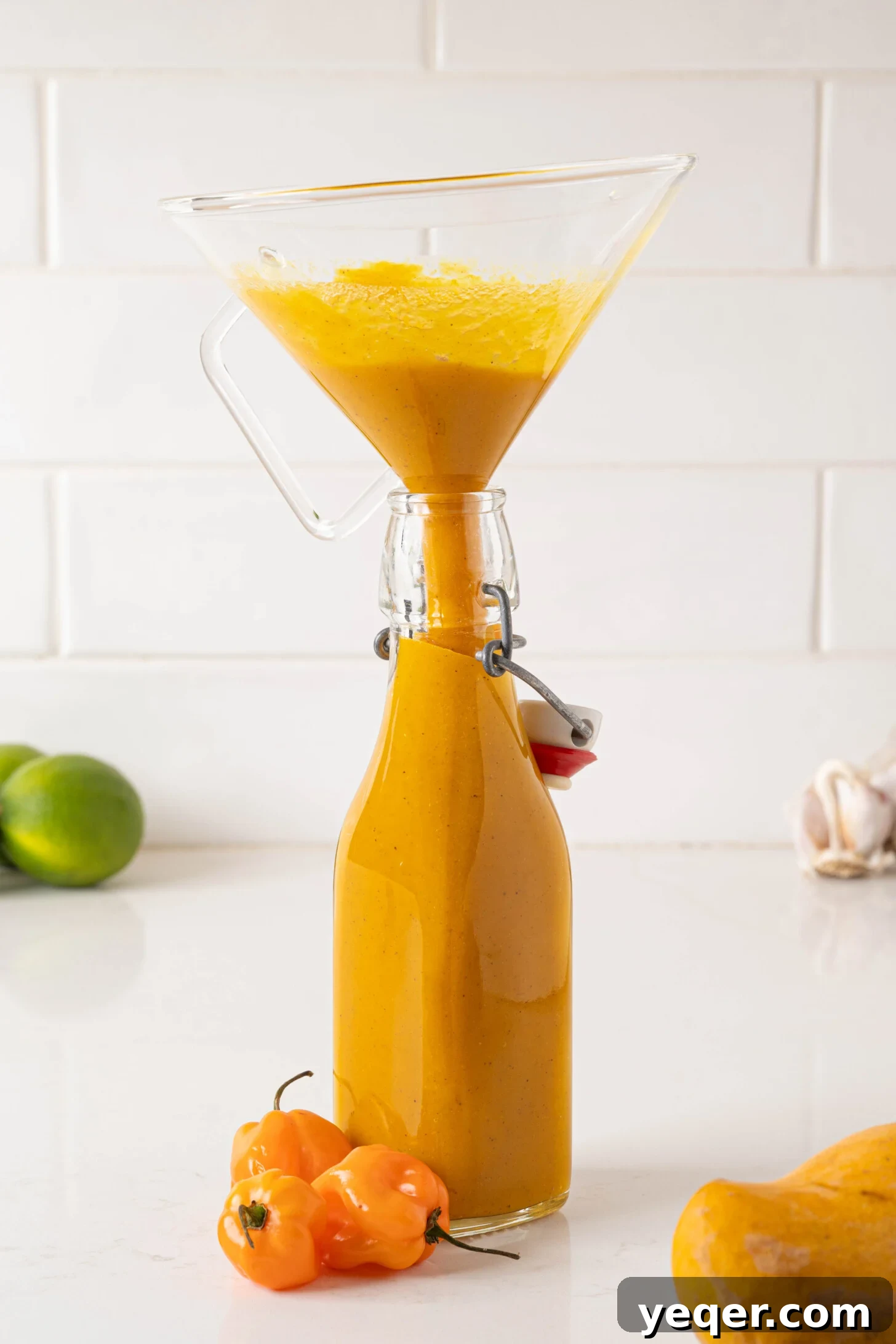 Tropical Fire Mango Habanero Sauce 3 Hot sauce pouring into a bottle.
