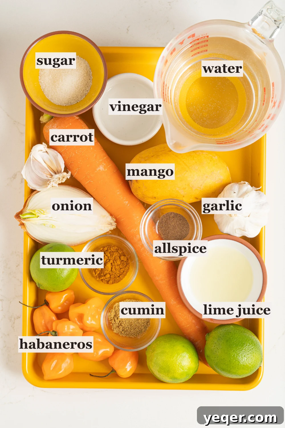 Tropical Fire Mango Habanero Sauce 4 Bowls of vinegar, spices, sugar, and more.