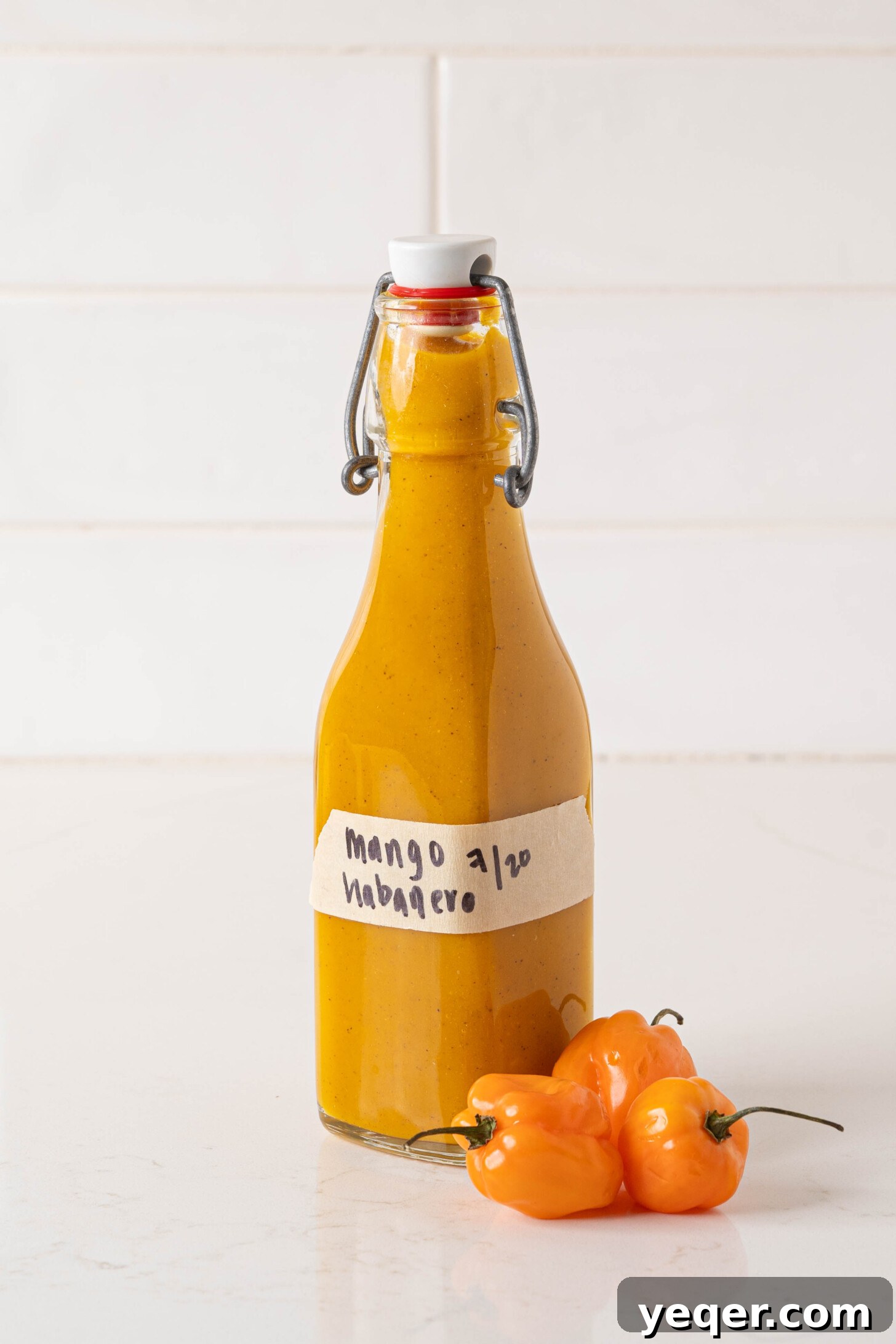 Tropical Fire Mango Habanero Sauce 9 A bottle of mango habanero hot sauce.