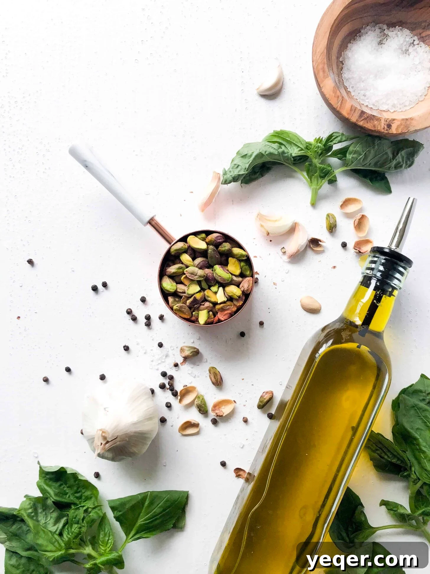 A measuring cup filled with pistachios, next to a bowl of fresh basil, a bottle of olive oil, garlic cloves, and a salt shaker, all ingredients for making vegan pistachio pesto.