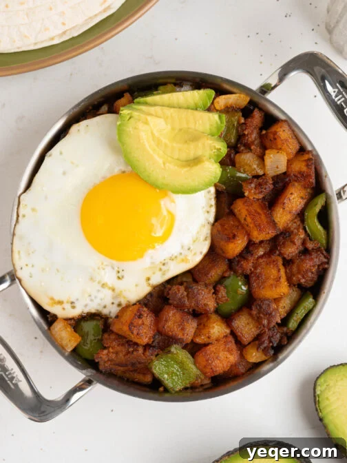 Chorizo breakfast hash in a skillet.