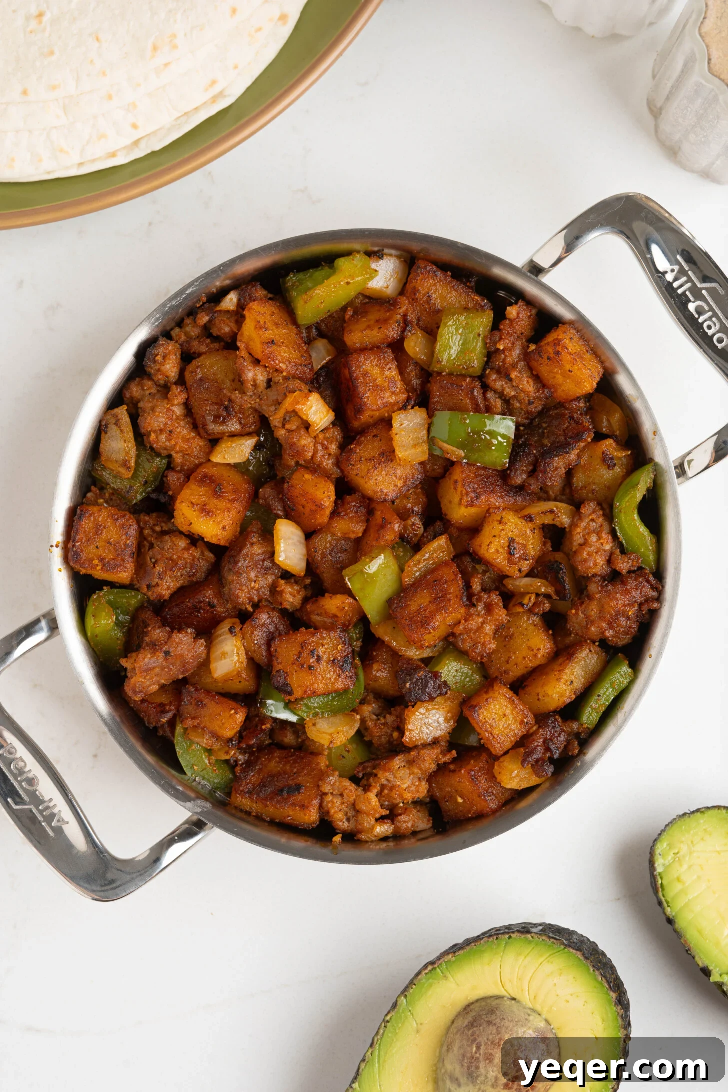 Savory Chorizo, Potato, and Egg Skillet 9 A close-up of the completed Chorizo Breakfast Hash, garnished and ready for serving.
