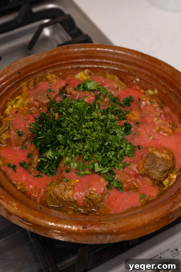 Moroccan Tagine with Okra and Tomatoes 6 A tagine filled with browned beef, tomato sauce, and fresh herbs, gently stirred together.